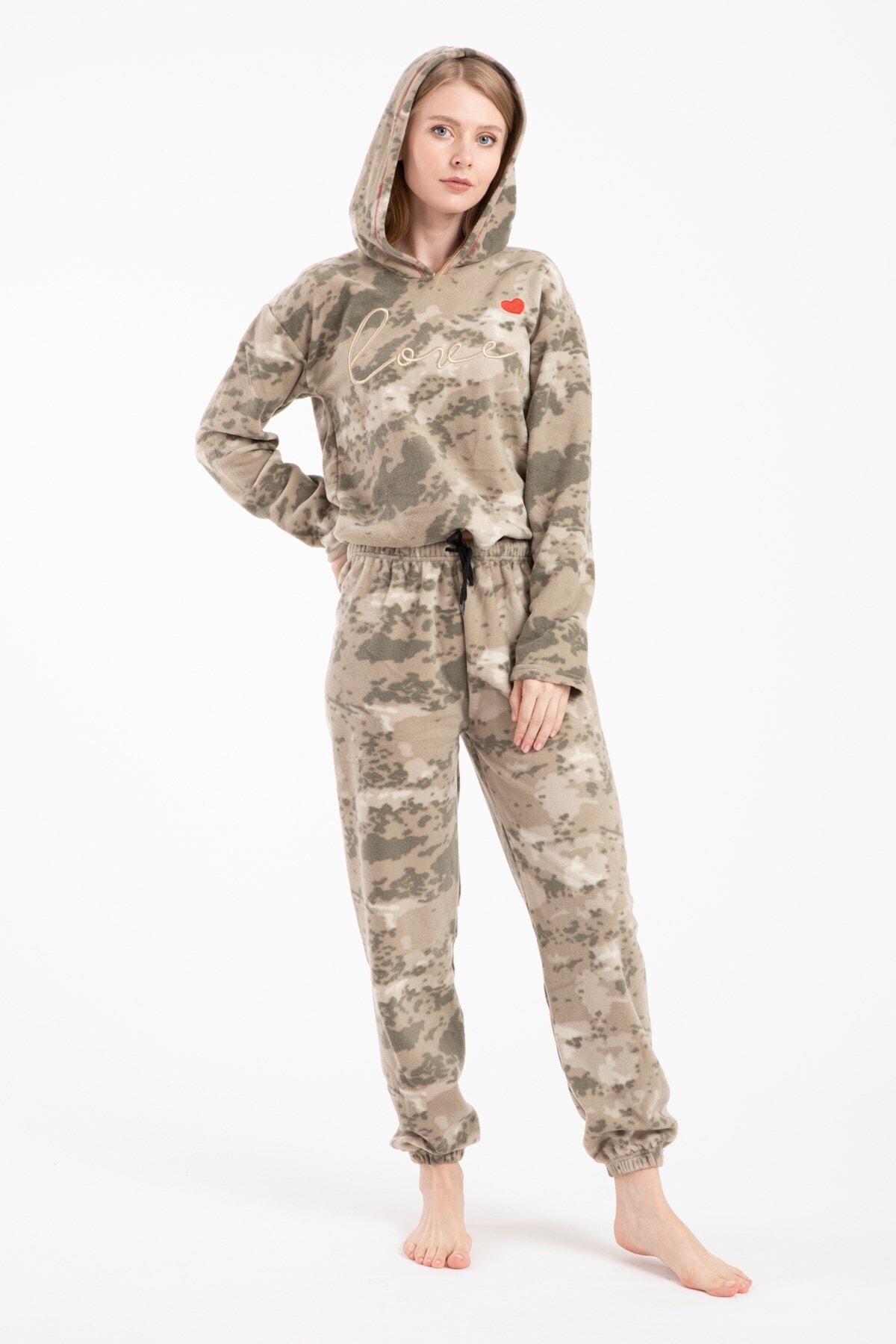 Pemilo Desenli 3002 Kapşonlu Manşetli Crop Polar Takım Haki