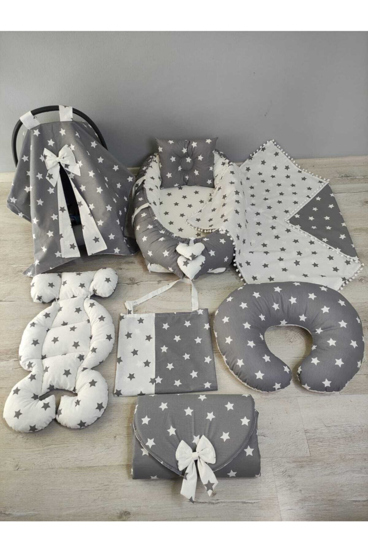 BABYNEST SEPETi Gri Yıldız Ve Beyaz Zemin Gri Yıldız Kombin Orijinal Babynest Seti