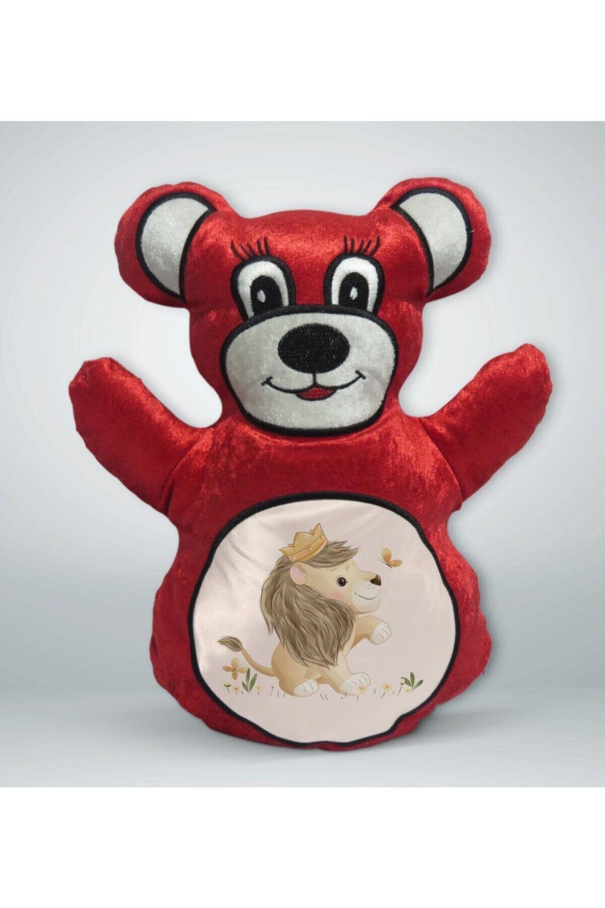 BK Gift Sevimli Aslan Tasarımlı Kırmızı Ayıcık Yastık-3