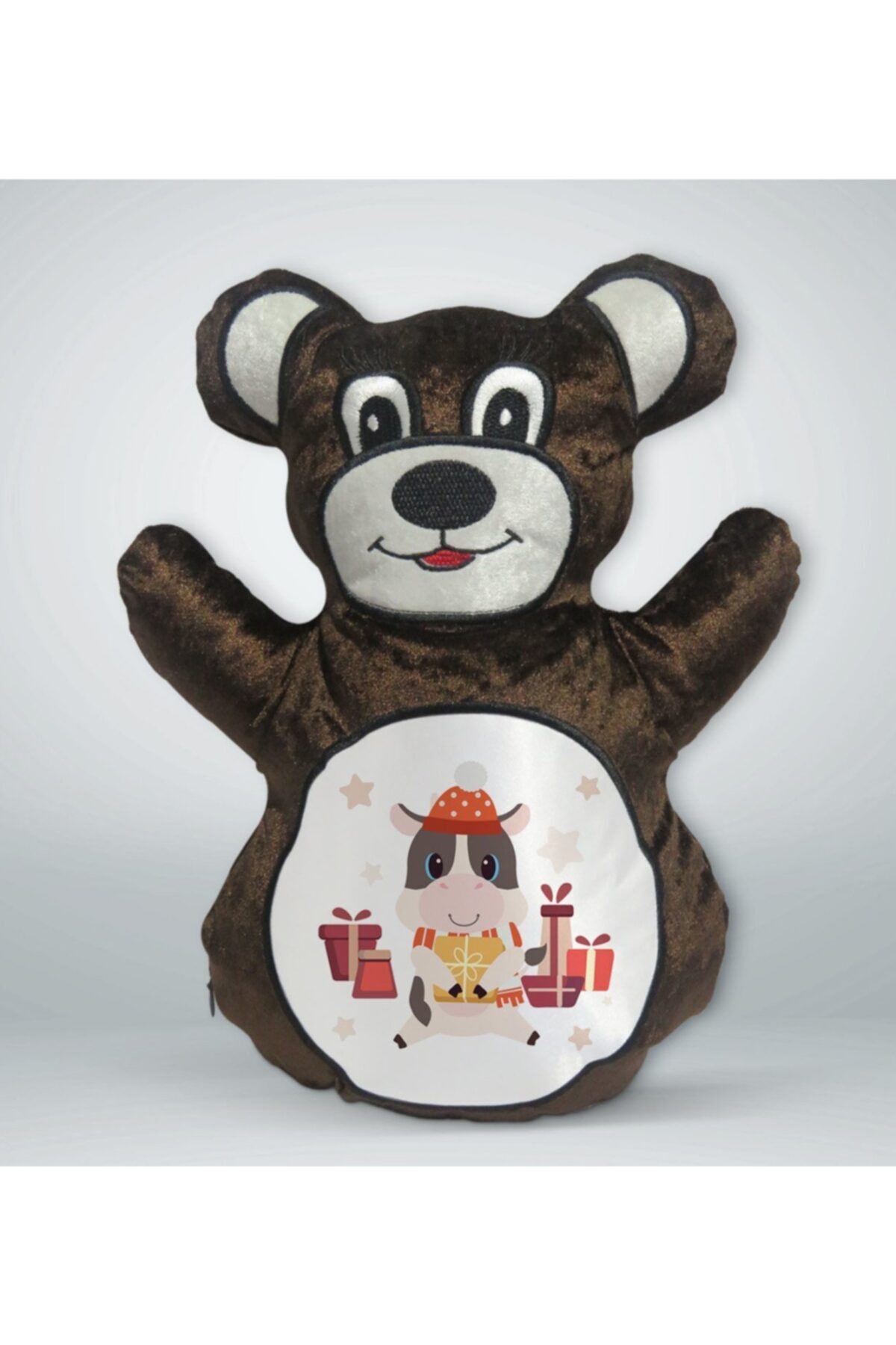 BK Gift Sevimli Inek Tasarımlı Kahverengi Ayıcık Yastık-1