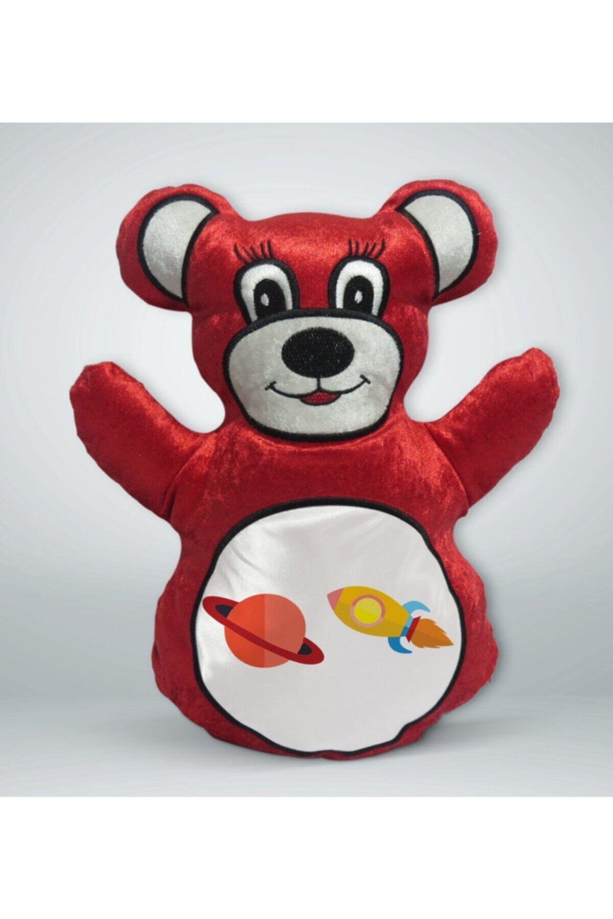 BK Gift Uzay Aracı Tasarımlı Kırmızı Ayıcık Yastık-1