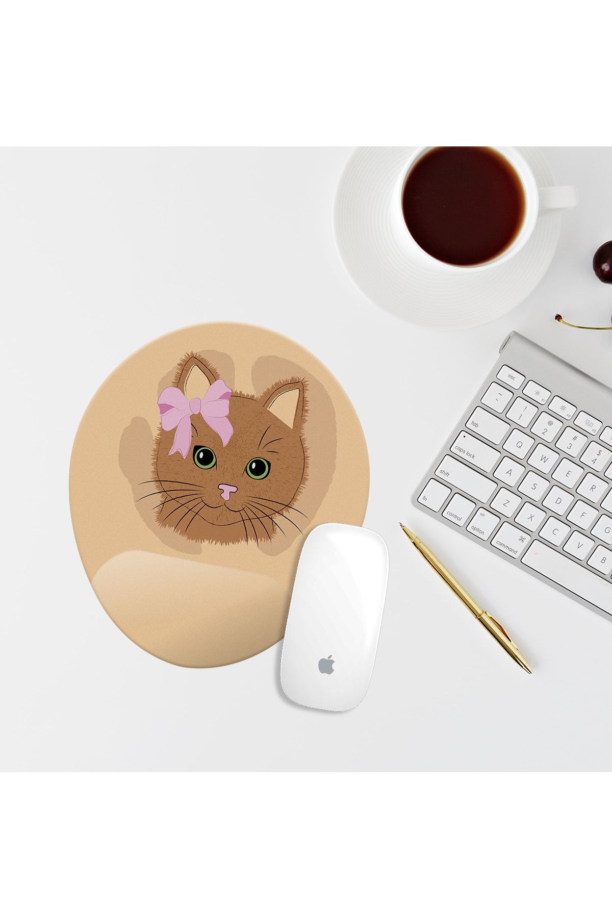 Özer Store Kahverengi Kedili Bilek Destekli Oval Mouse Altlığı