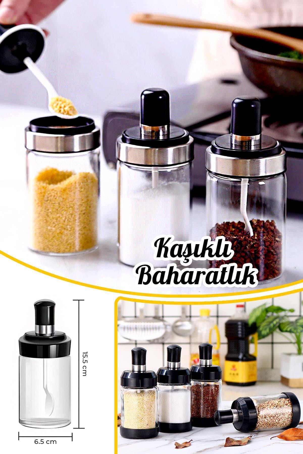 Helen's Home Kaşıklı Baharatlık Vakumlu Cam Baharat Saklama Kabı