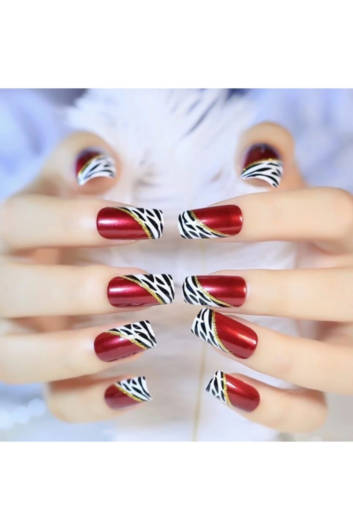 EDA LUXURY BEAUTY Kırmızı Beyaz Animal Print French Takma Tırnak Lüks Parlak Desenli Uzun Kare Nail Art Set