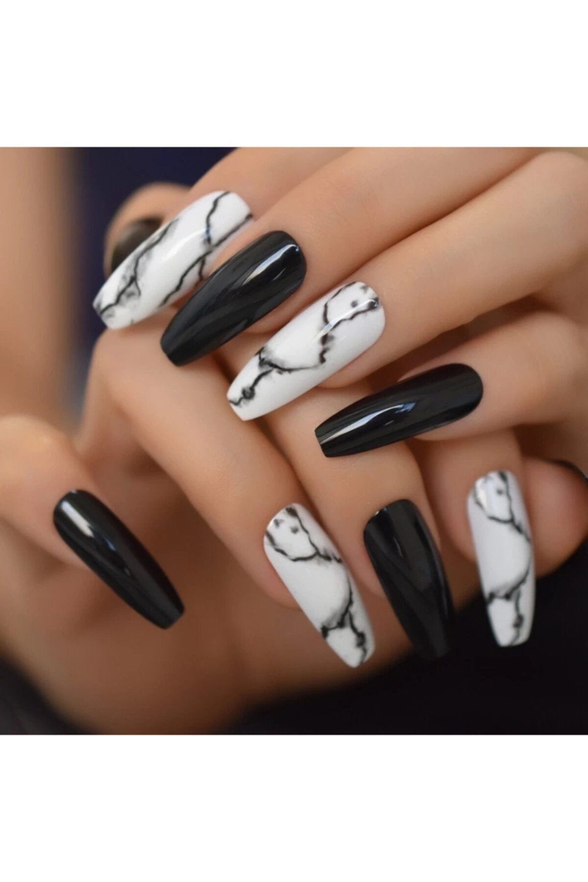 EDA LUXURY BEAUTY Siyah Beyaz Lüks Parlak Mermer Desenli Extra Uzun Kare Köşeli Takma Tırnak Set