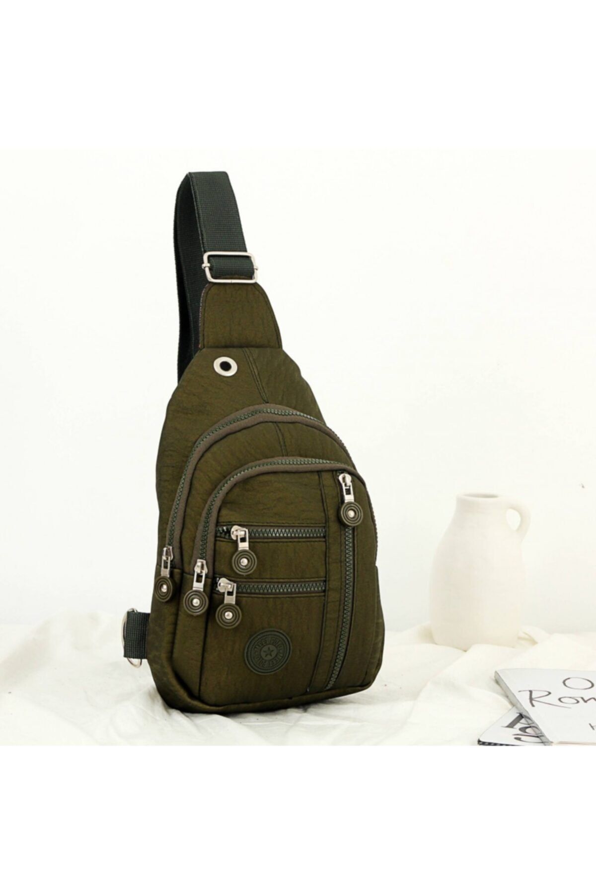 Defnella Unisex Yeşil Krinkıl Çapraz Askılı Bel Omuz Çanta Göğüs Günlük Çok Bölmeli Bodybag