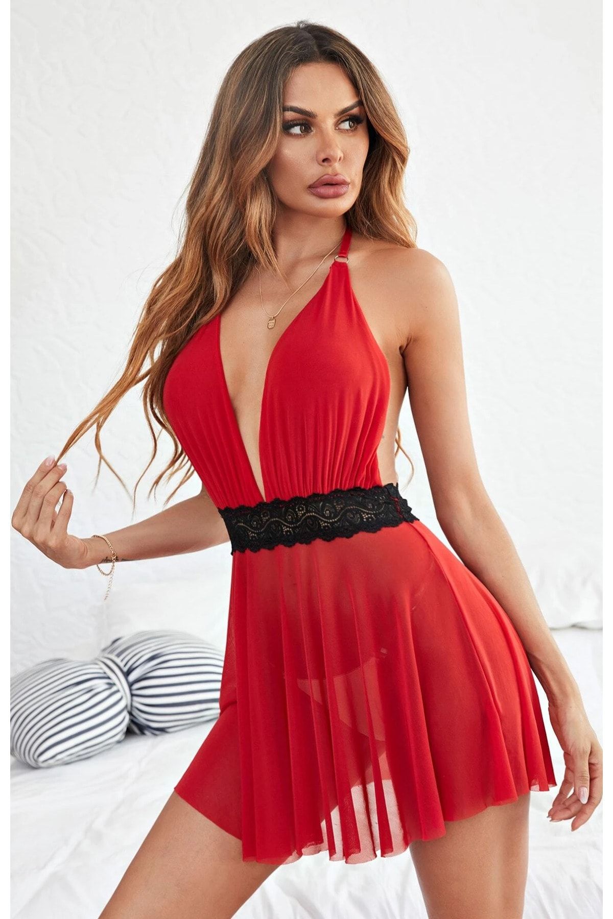 Fancy&Dancy Kadın Kırmızı Tül Siyah Dantel Şeritli Gecelik