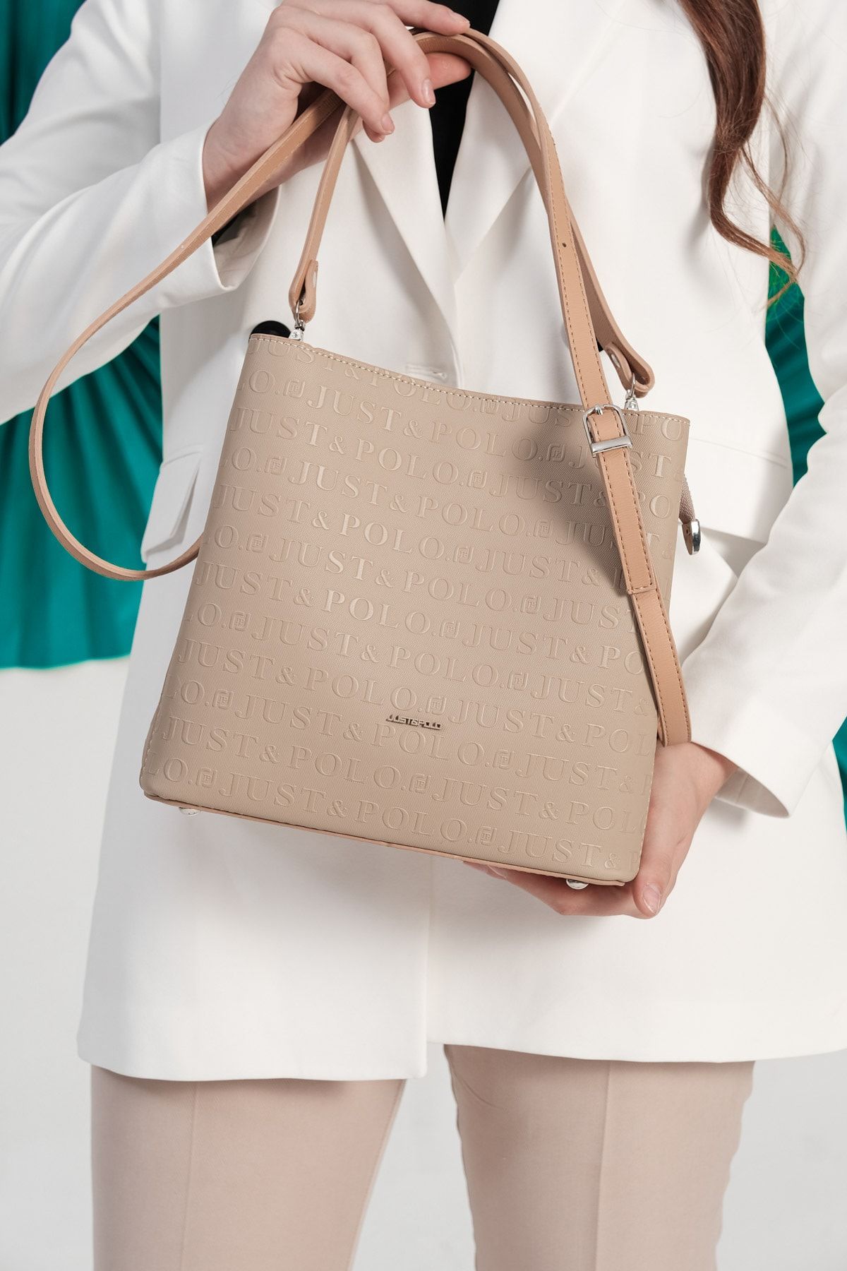 Just Polo Kubrabutik Kadın Vizon Taba Monogram Baskılı El Ve Omuz Ayarlanabilir Askılı Çanta