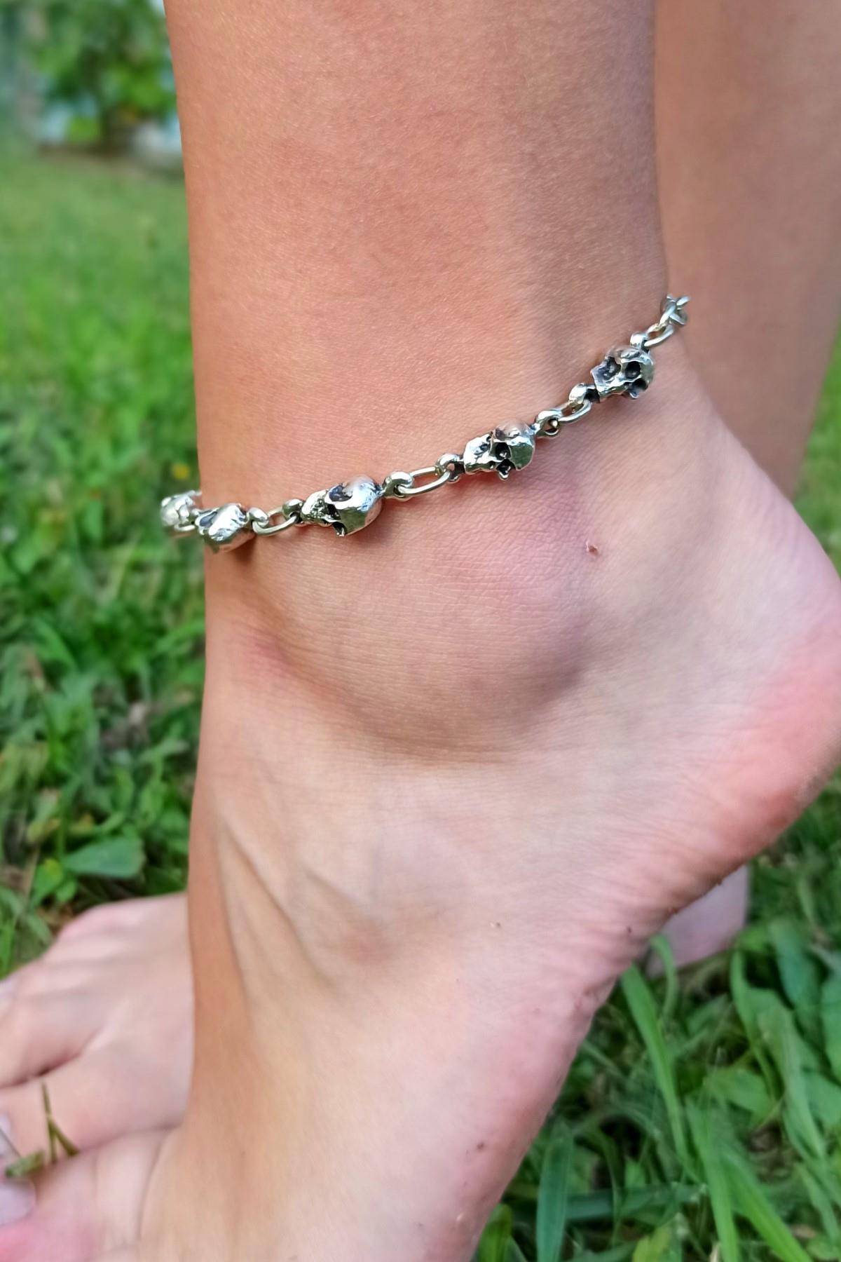 Fildişi Aksesuar Antik Gümüş Kaplama Kuru Kafa Şekilli El Yapımı Halhal