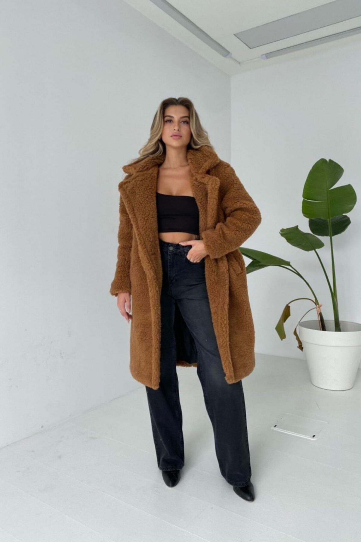 Eka Kadın Taba Cepli Çift Düğmeli Uzun Peluş Teddy Kaban 0993-2121