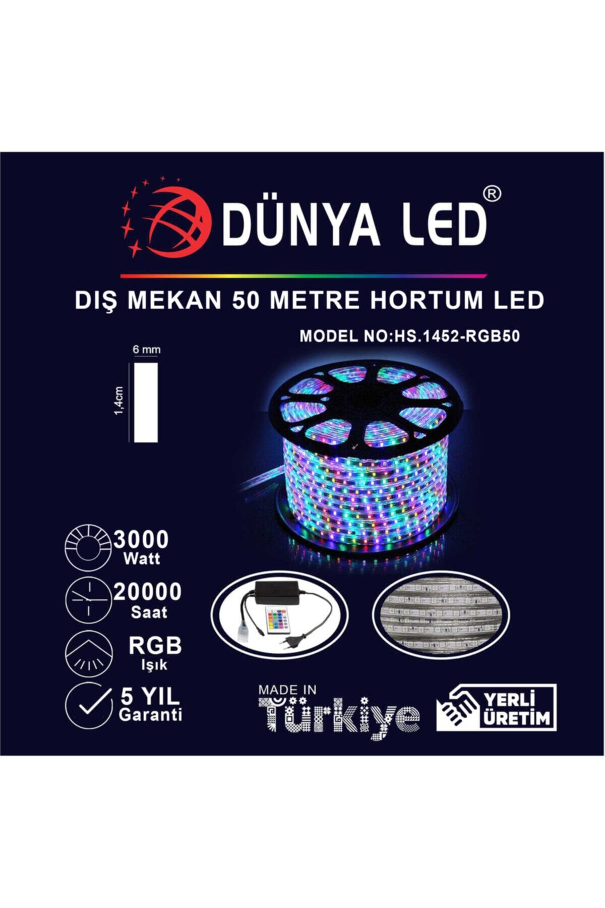 DÜNYA LED Hs.1452-rgb50 220v 60 Ledli Rgb Hortum Led 50 Metre + Aparat Hediye