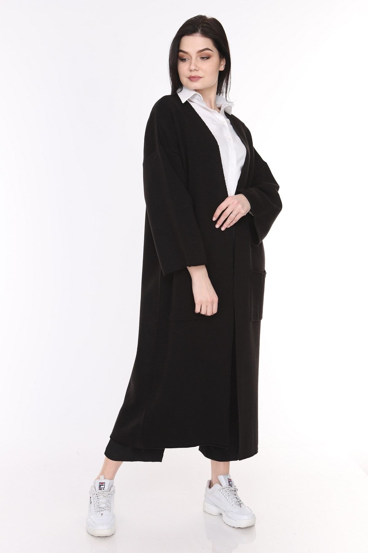 ilmek Kadın Siyah Kimono Kol Cepli V Yaka Hırka 4100