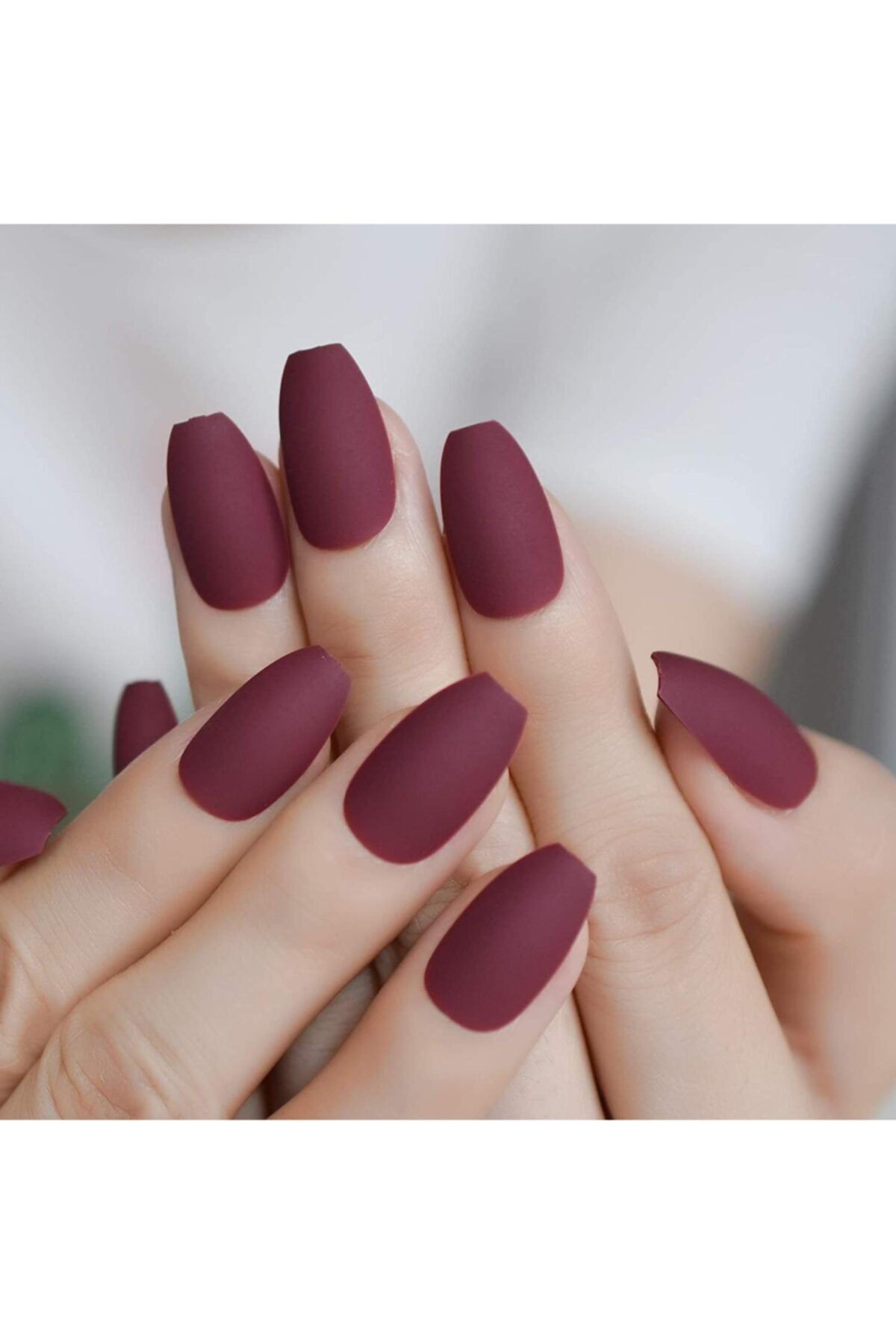 EDA LUXURY BEAUTY Koyu Kırmızı Bordo Mat Takma Tırnak Lüks Uzun Kare Coffin Ballerina Nail Art Yapıştırıcılı Set
