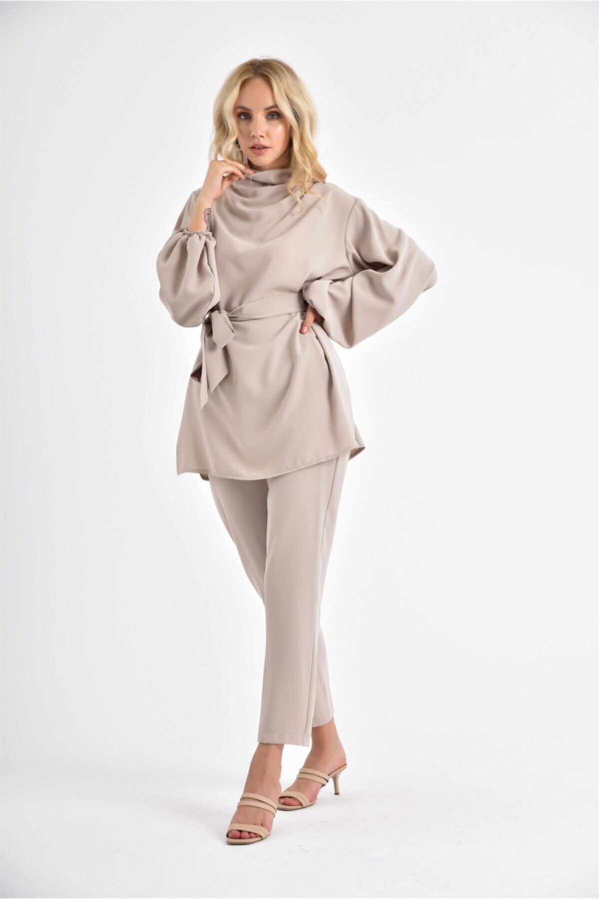FTZ WOMEN Krep Pantolon Takım Beige