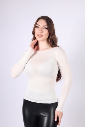 Transparan Kumaş Kayık Yaka Uzun Kollu Bluz Image 1