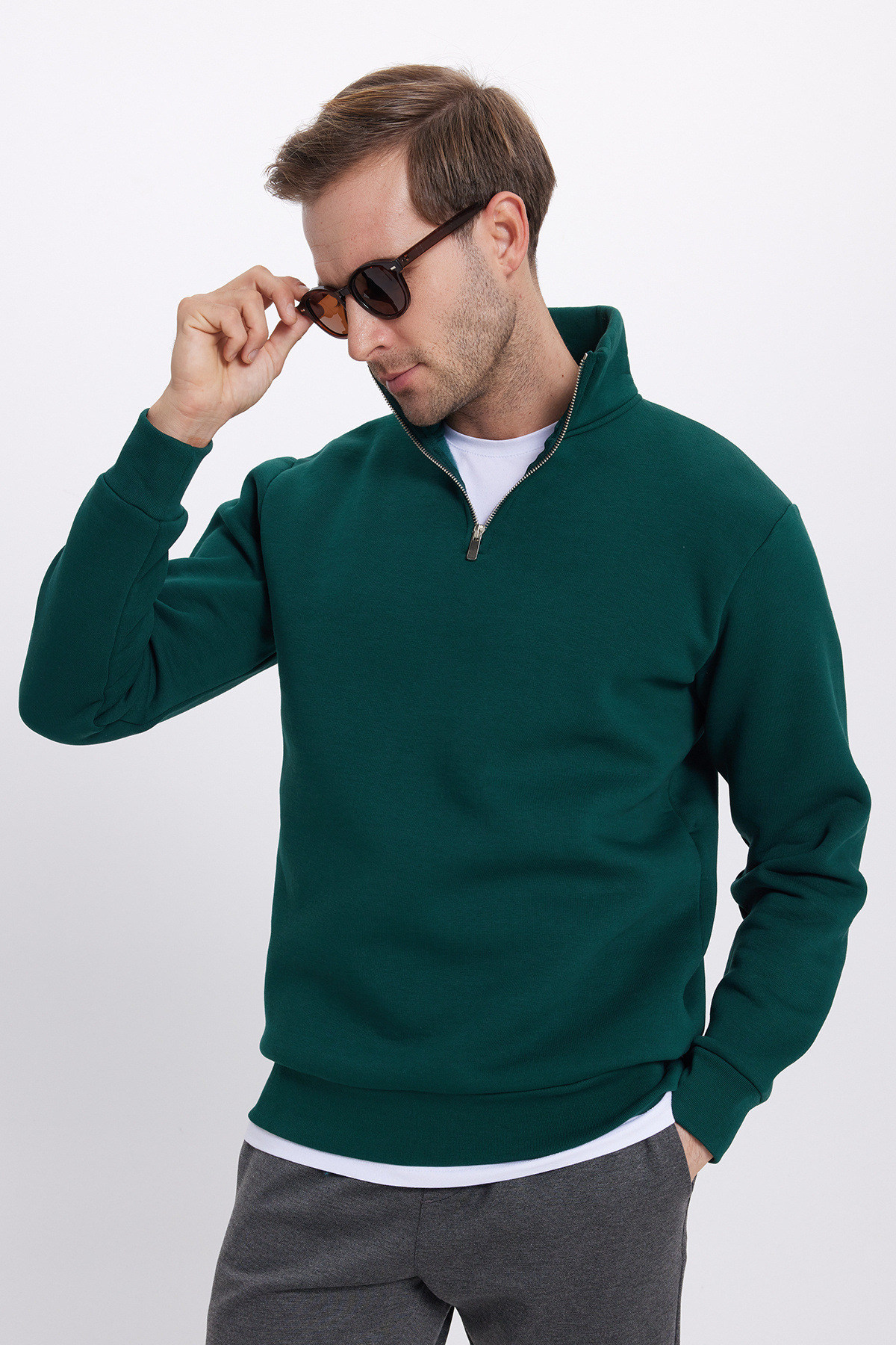 Unisex Relach Fit Cut Cut Cut Cutton Fleenery Half Zipper Haki Khaki Collar Lweatryrt