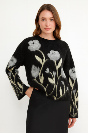 Kadın Bisiklet Yaka Çiçek Desenli Şardonlu Oversize Triko Kazak Image 3