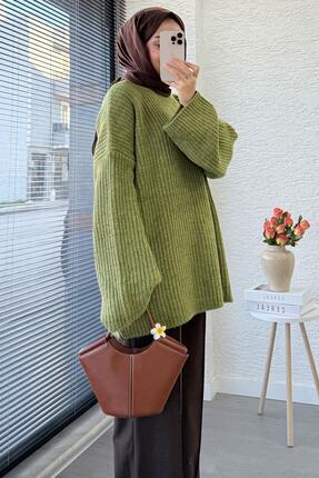 Premium Oversize Basic Kadın Triko Kazak – Yağ Yeşili Image 3