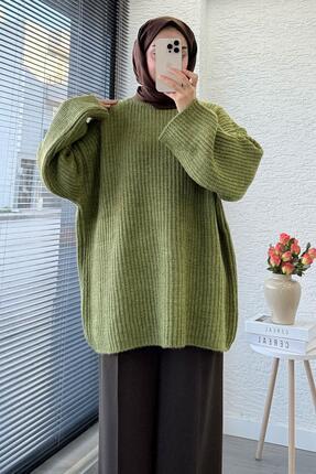 Premium Oversize Basic Kadın Triko Kazak – Yağ Yeşili Image 4