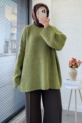 Premium Oversize Basic Kadın Triko Kazak – Yağ Yeşili Image 1