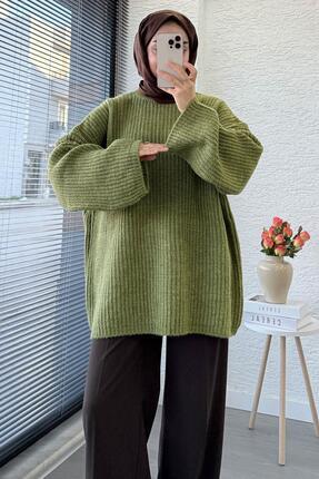Premium Oversize Basic Kadın Triko Kazak – Yağ Yeşili Image 5