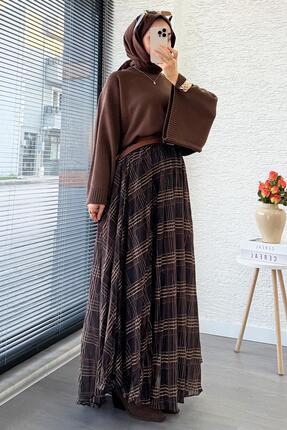 Premium Vual Ekose Desenli Lastikli Bel Kloş Etek - Kahverengi Image 6