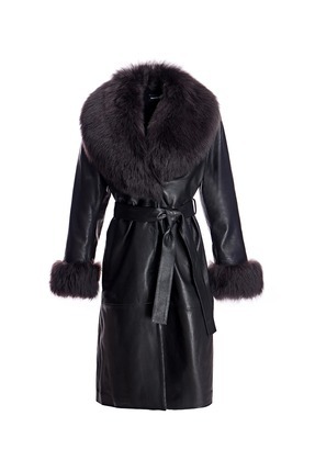 Kadın Siyah Kürklü Hakiki Deri Trençkot Image 5