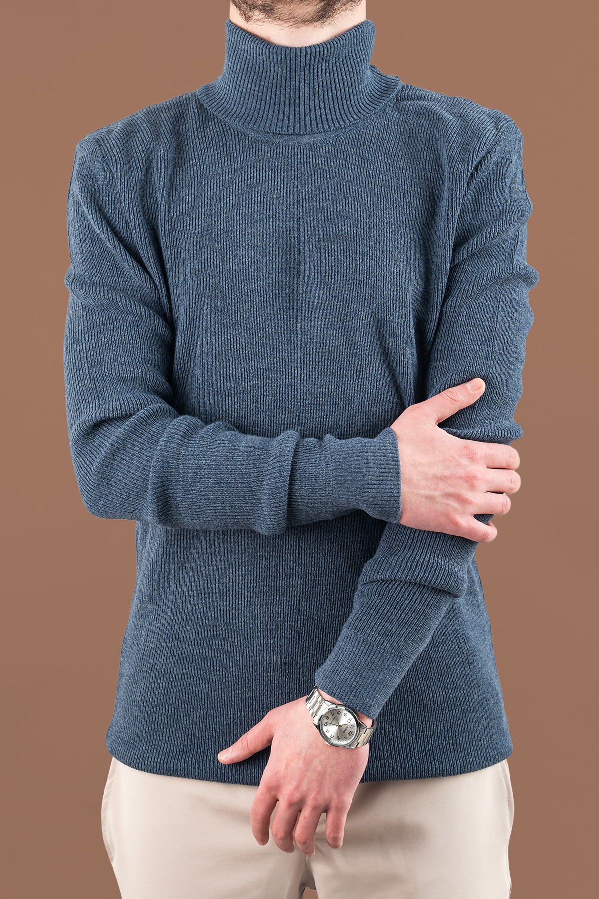 ژاکت بافتنی مردانه یقه اسلیم یقه نخی نیلی