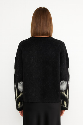 Kadın Bisiklet Yaka Çiçek Desenli Şardonlu Oversize Triko Kazak Image 1