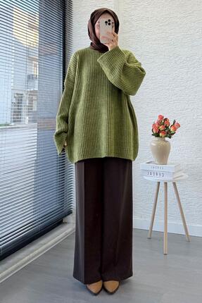 Premium Oversize Basic Kadın Triko Kazak – Yağ Yeşili Image 2