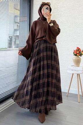 Premium Vual Ekose Desenli Lastikli Bel Kloş Etek - Kahverengi Image 3