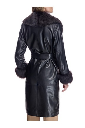 Kadın Siyah Kürklü Hakiki Deri Trençkot Image 2
