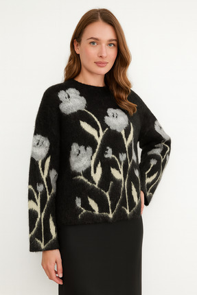 Kadın Bisiklet Yaka Çiçek Desenli Şardonlu Oversize Triko Kazak Image 2