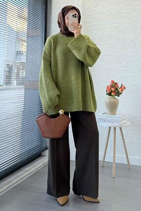 Premium Oversize Basic Kadın Triko Kazak – Yağ Yeşili Image 6