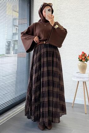 Premium Vual Ekose Desenli Lastikli Bel Kloş Etek - Kahverengi Image 7