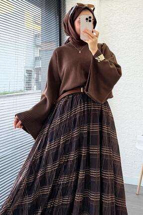 Premium Vual Ekose Desenli Lastikli Bel Kloş Etek - Kahverengi Image 2