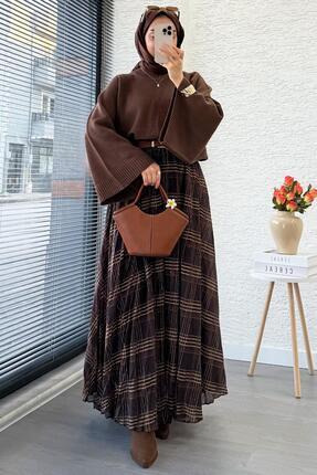 Premium Vual Ekose Desenli Lastikli Bel Kloş Etek - Kahverengi Image 4