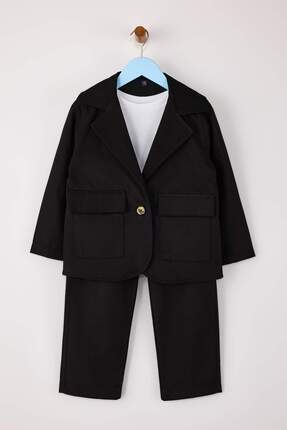 Siyah Pamuklu 3'lü Erkek Çocuk T-Shirt Ceket Pantolon Dokuma Alt-Üst Takım TKDSS25AU00041 Image 1