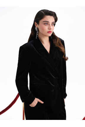 Kruvaze Yaka Kadın Kadife Blazer Ceket Image 1
