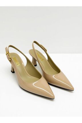 Kadın Sivri Burunlu Topuklu Ayakkabı - Bej -Parlak Rugan Image 3