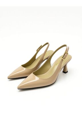 Kadın Sivri Burunlu Topuklu Ayakkabı - Bej -Parlak Rugan Image 2