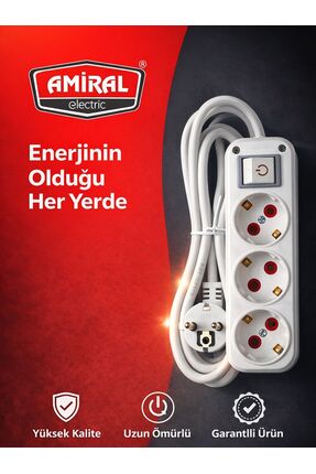 2 Metre Anahtarlı 3'lü Priz Image 0