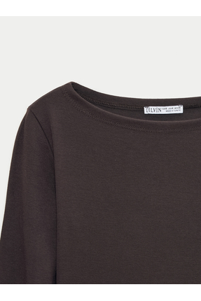 31332 Kayık Yaka Uzun Kollu Top-Koyu Kahve Image 6