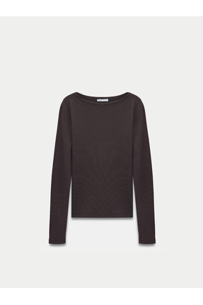 31332 Kayık Yaka Uzun Kollu Top-Koyu Kahve Image 4