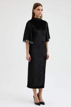 Şal Yaka Siyah Kadife Elbise Image 2