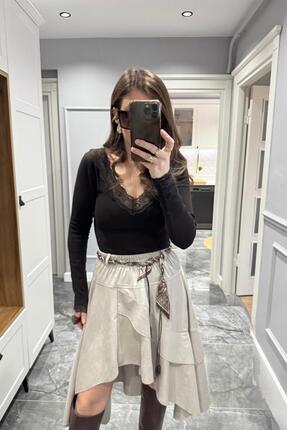 Şort Astarlı Asimetrik Nubuk Etek Taş Image 6