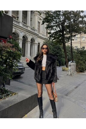 İçi Astarlı Antrasit Renk Premium Kürk Image 2