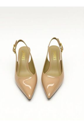 Kadın Sivri Burunlu Topuklu Ayakkabı - Bej -Parlak Rugan Image 1