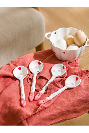 LCW HOME Sevgililer Günü Beyaz Kalp Desenli Seramik Kaşık Seti 4'lü Image 0