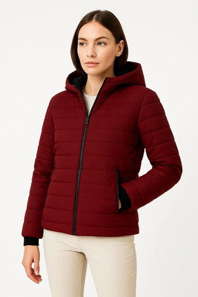 KADIN ŞİŞME KAPÜŞONLU FERMUARLI MONT SU İTİCİ KAPİTONE ASTARLI KUMAŞ CEPLİ KIŞLIK RAHAT Image 3